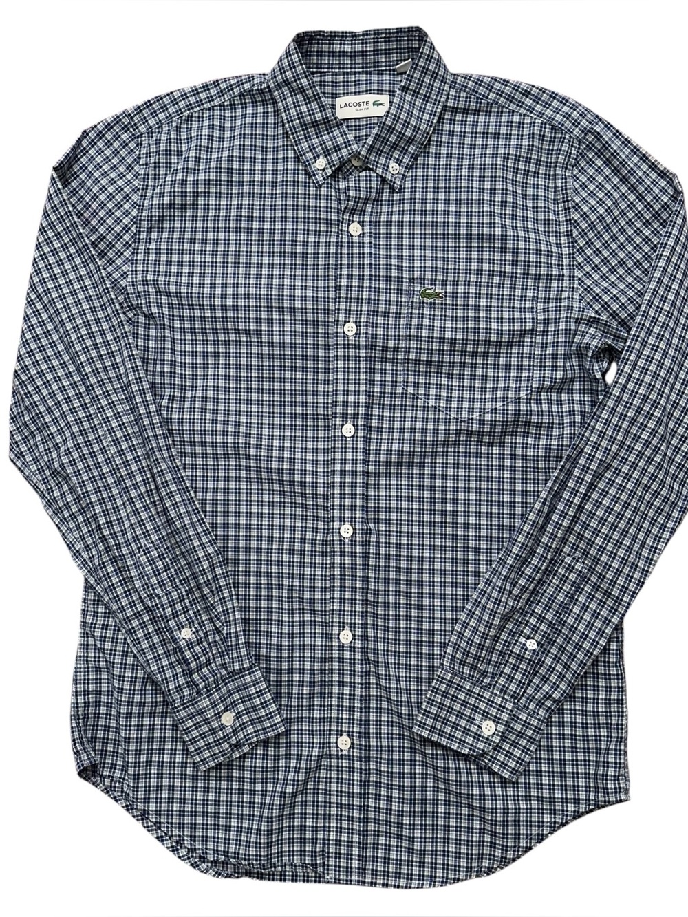 Lacoste Shirt Mens Size M Long Sleeve Button Slim Fit Pocket Check Blue